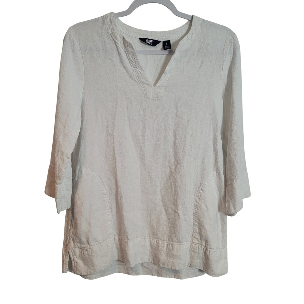 Lands End Womens White Linen Viscose Blend 3/4 Sleeve Split Neck Tunic Top Small